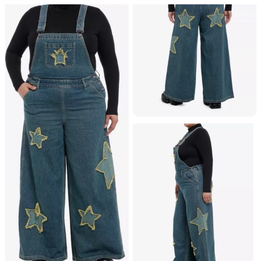 Hot Topic Star Patch Denim‎ Overalls Size 3X Plus Size WIDE LEG